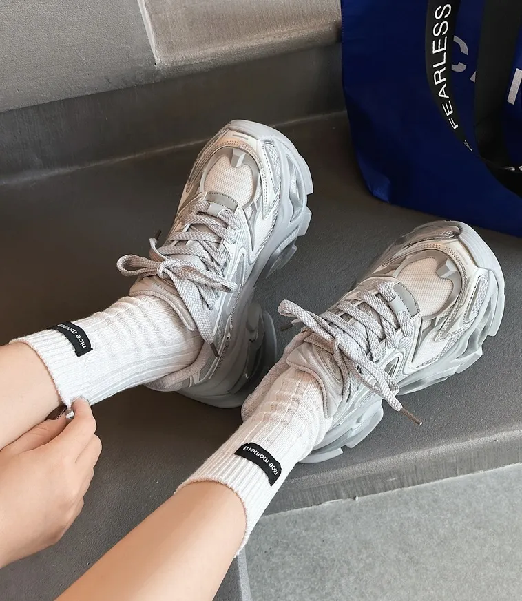 Beige White Chunky Dad Sneakers Breathable Mesh Walking Shoes_voghion.com