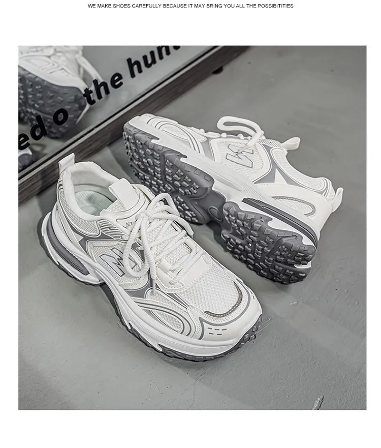 Men's White Grey Chunky Dad Sneakers Breathable Mesh Walking Shoe_voghion.com