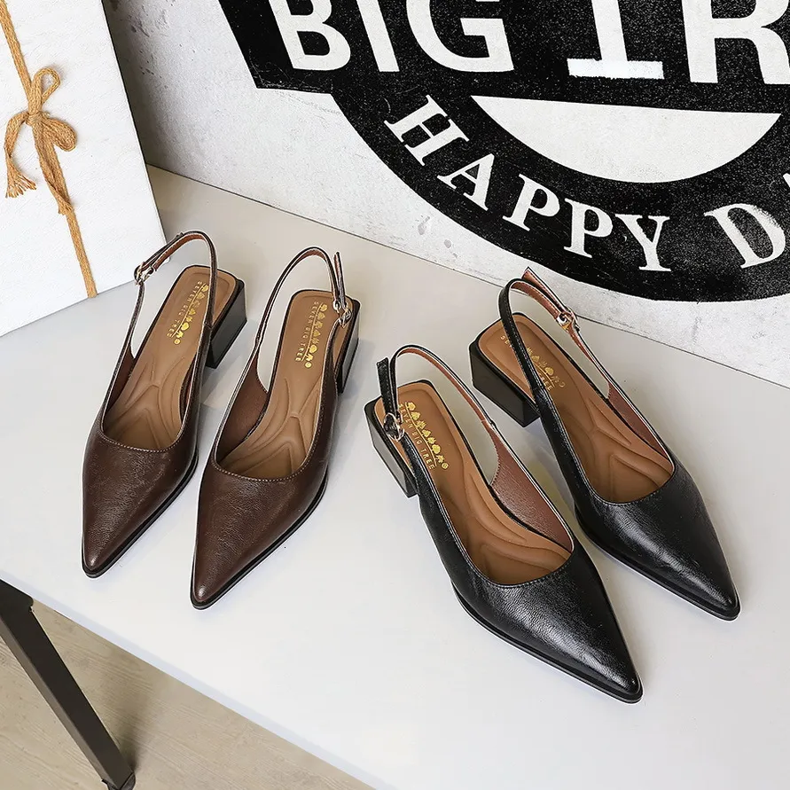 Womens Black Brown Pointed Toe Slingback Block Heel Pumps For Smart Casual Office Wear_voghion.com