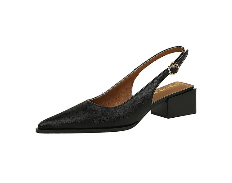Women’s Black Brown Pointed Toe Slingback Block Heel Court Shoes_voghion.com