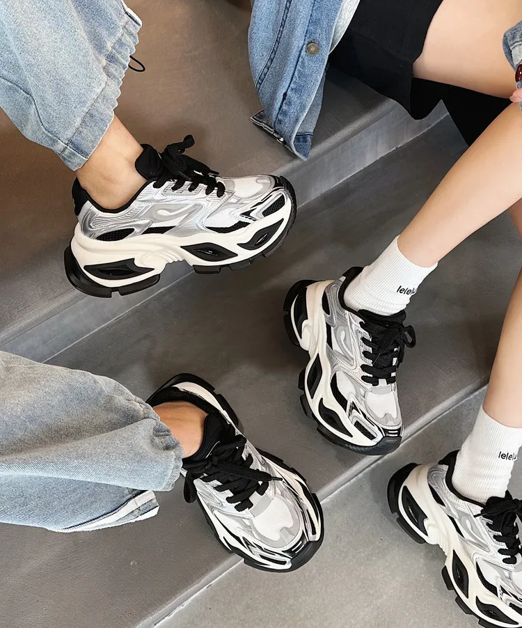 Beige White Chunky Dad Sneakers Breathable Mesh Walking Shoes_voghion.com
