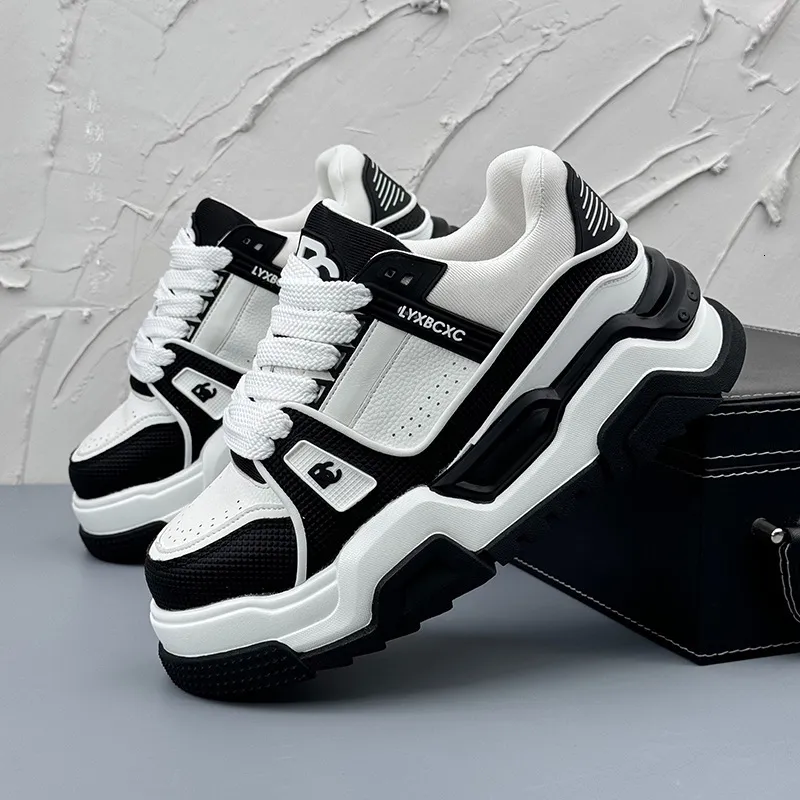 Men Black White Chunky Platform Sneakers For Fitness Training_voghion.com