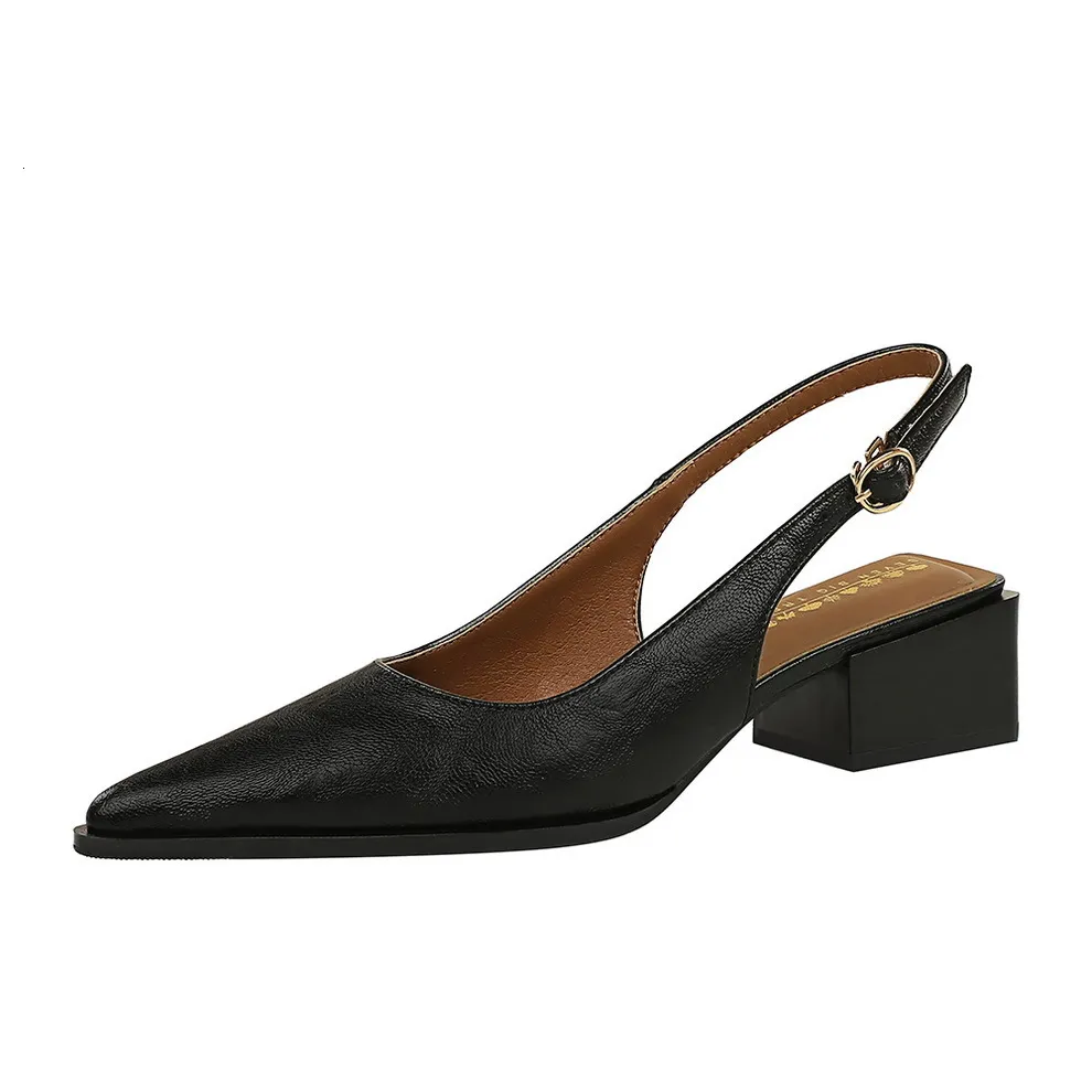 Womens Black Brown Pointed Toe Slingback Block Heel Pumps For Smart Casual Office Wear_voghion.com