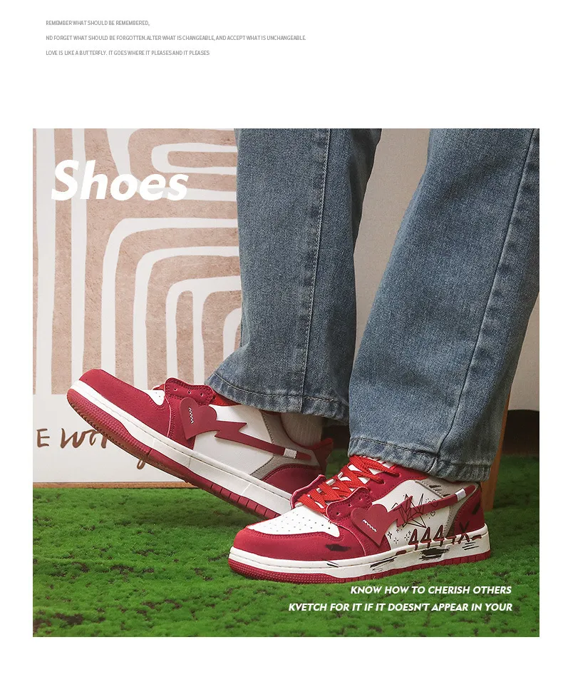 Unisex Red White Heart Graffiti Skate Sneakers Leather Upper For Street Style Daily Walking_vogvips.com