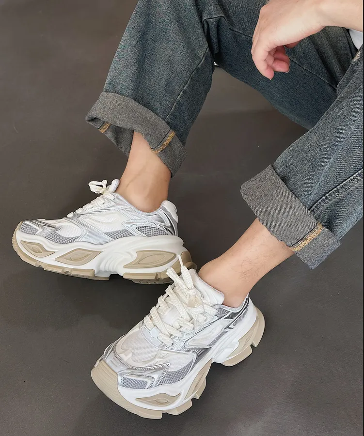 Beige White Chunky Dad Sneakers Breathable Mesh Walking Shoes_voghion.com