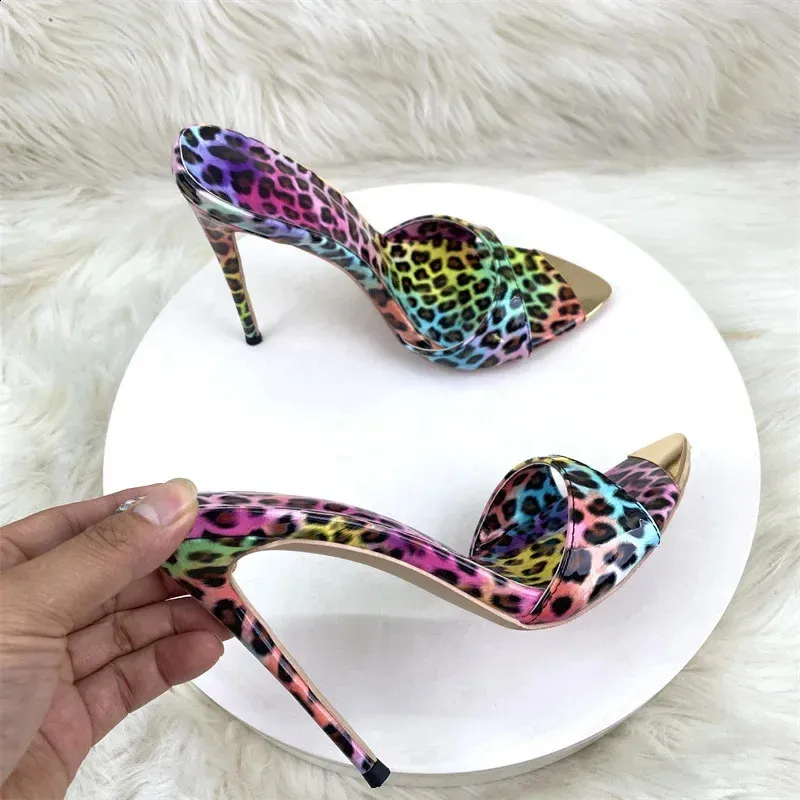 Colour Leopard Print Heeled Slippers For Women With Thin Pointed Exposed Toes High Heels 12cm Sexy Sandals 260528_voghion.com