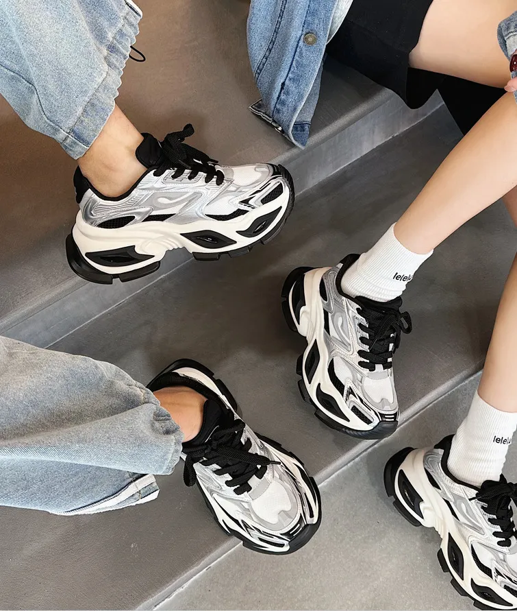 Beige White Chunky Dad Sneakers Breathable Mesh Walking Shoes_voghion.com