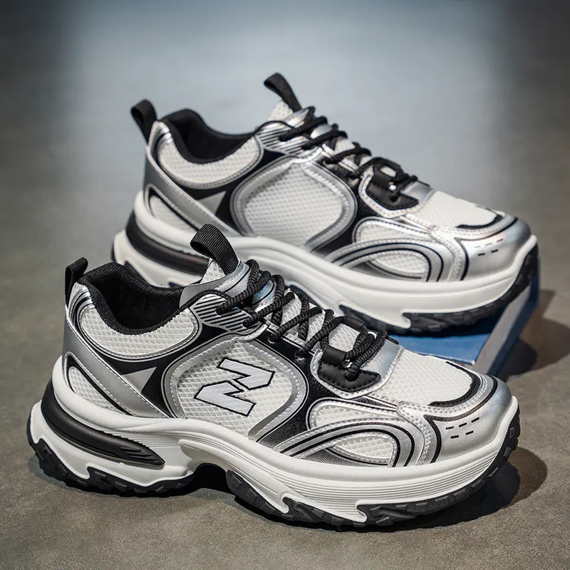 Mens White Grey Chunky Dad Sneakers Breathable Mesh Upper For Street Style Daily Walking Daily Outfit_voghion.com