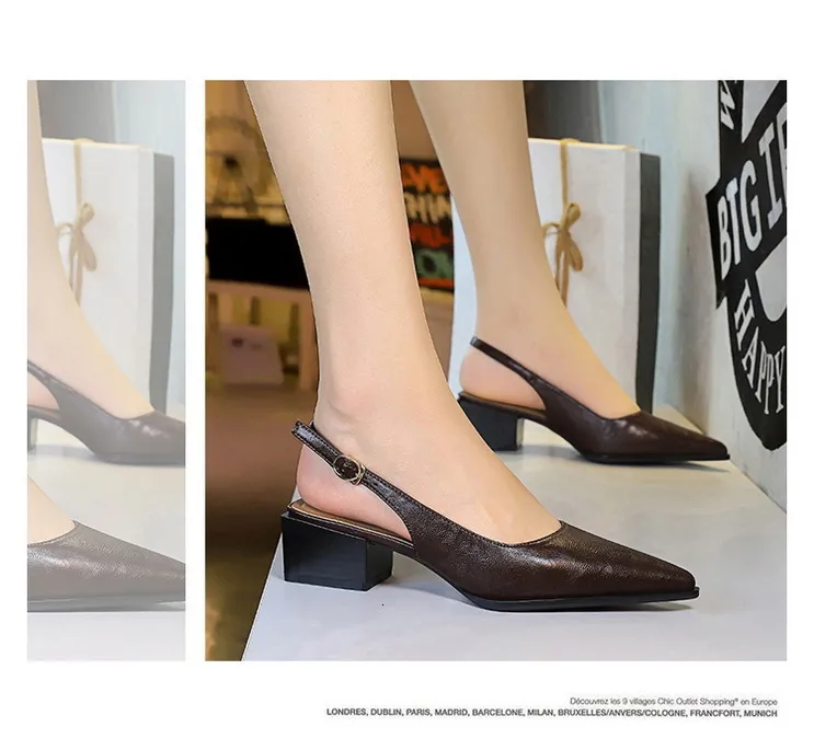 Women’s Black Brown Pointed Toe Slingback Block Heel Court Shoes_voghion.com
