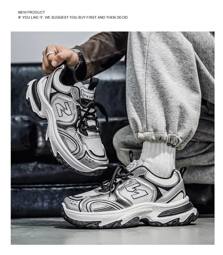 Men's White Grey Chunky Dad Sneakers Breathable Mesh Walking Shoe_voghion.com