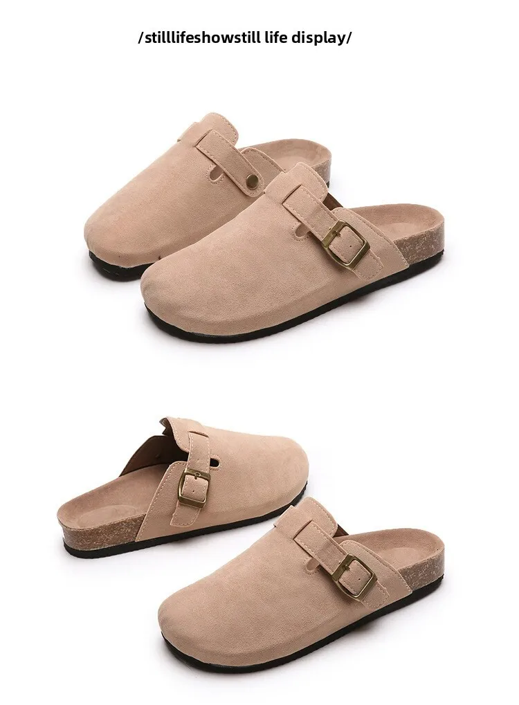 Womens Multi Colour Suede Clog Slippers With Adjustable Buckle_voghion.com