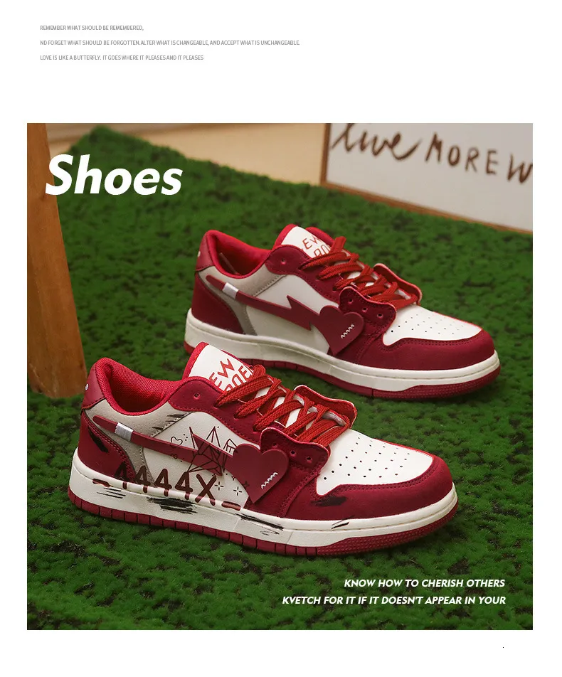 Unisex Red White Heart Graffiti Skate Sneakers Leather Upper For Street Style Daily Walking_vogvips.com