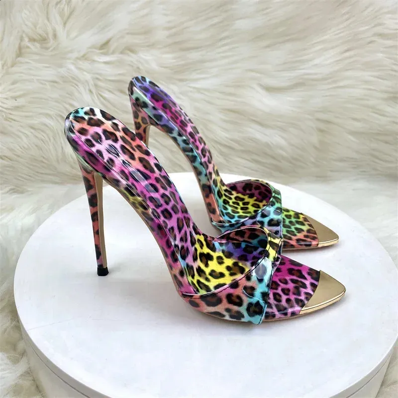 Colour Leopard Print Heeled Slippers For Women With Thin Pointed Exposed Toes High Heels 12cm Sexy Sandals 260528_voghion.com