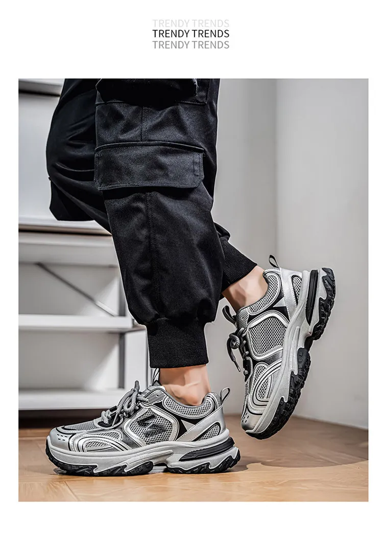 Men's White Grey Chunky Dad Sneakers Breathable Mesh Walking Shoe_voghion.com