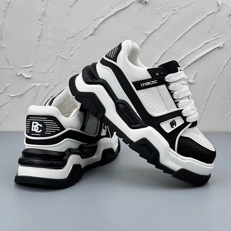 Men Black White Chunky Platform Sneakers For Fitness Training_voghion.com