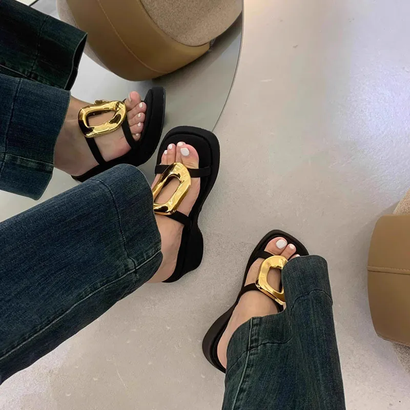 Womens Black Platform Heeled Sandals Gold Metal Buckle Slip On For Summer Party Daily Wear_voghion.com