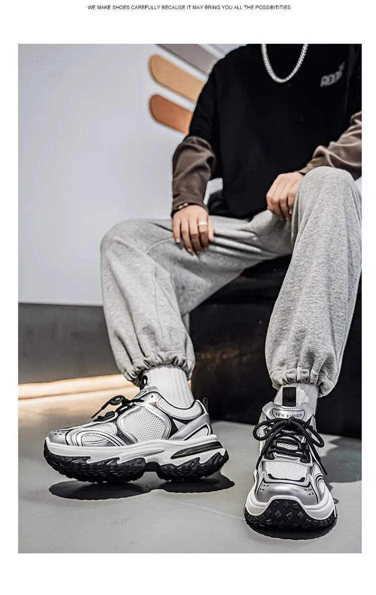 Men's White Grey Chunky Dad Sneakers Breathable Mesh Walking Shoe_voghion.com