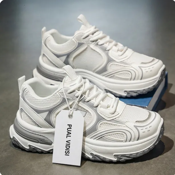 Mens White Grey Chunky Dad Sneakers Breathable Mesh Upper For Street Style Daily Walking Daily Outfit_voghion.com