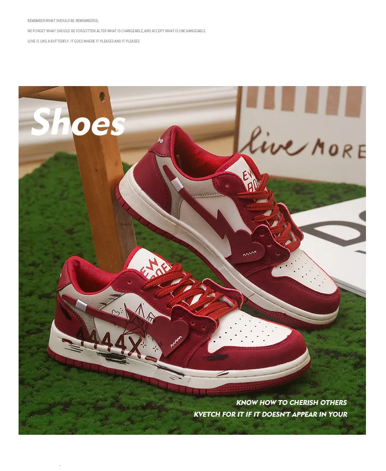 Unisex Red White Heart Graffiti Skate Sneakers Leather Upper For Street Style Daily Walking_vogvips.com