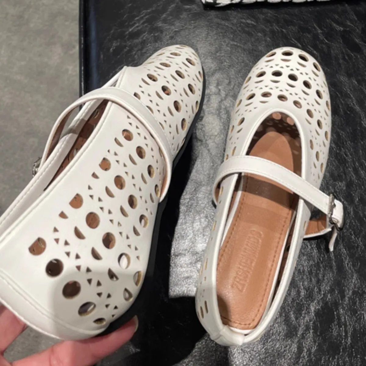 Womens Black White Blue Cut Out Mary Jane Flats Breathable For Summer Casual Daily Wear Daily Outfit_vogvips.com