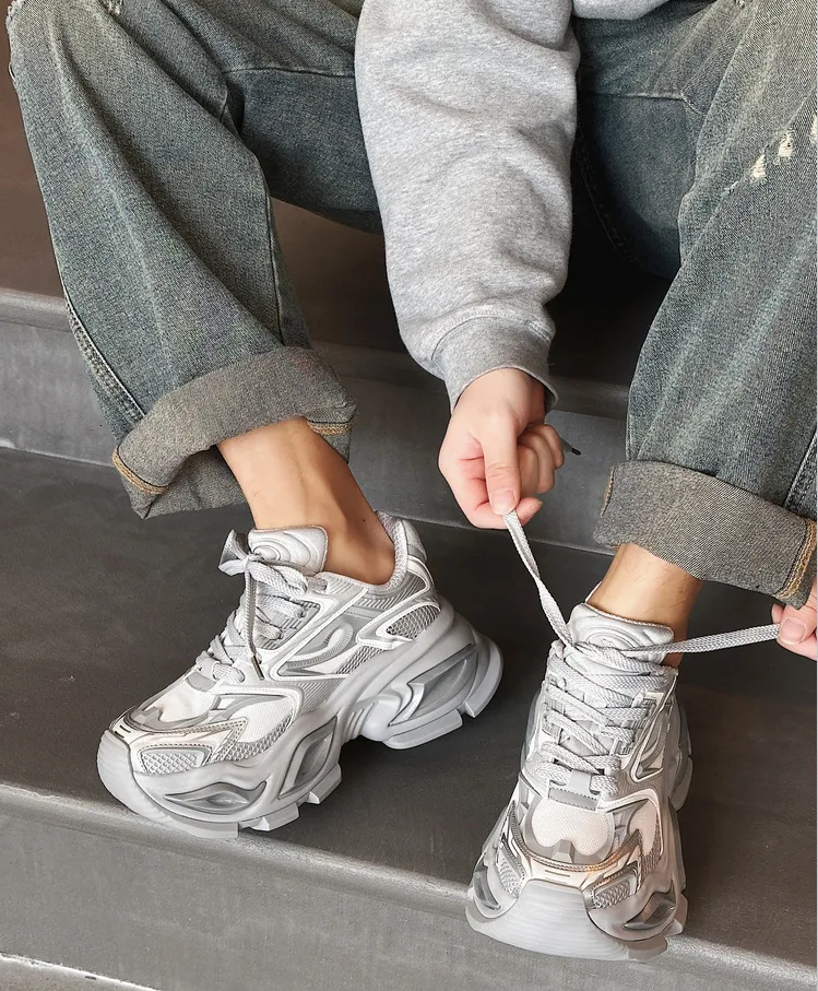 Beige White Chunky Dad Sneakers Breathable Mesh Walking Shoes_voghion.com