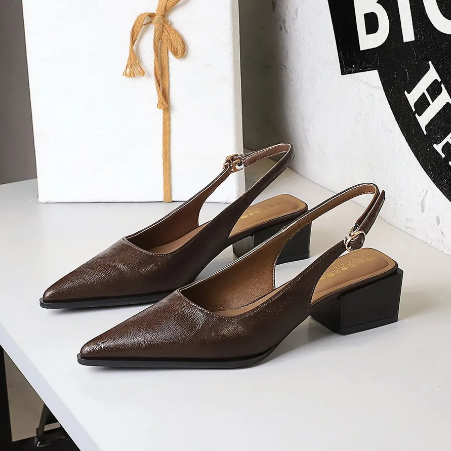 Womens Black Brown Pointed Toe Slingback Block Heel Pumps For Smart Casual Office Wear_voghion.com