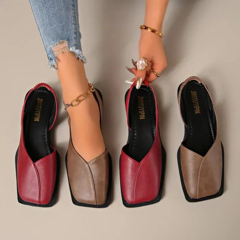 Women Summer Rear Hollow Shallow Square Head Low Heel Shoes Fashionab Comfortable Sandals 260528_voghion.com