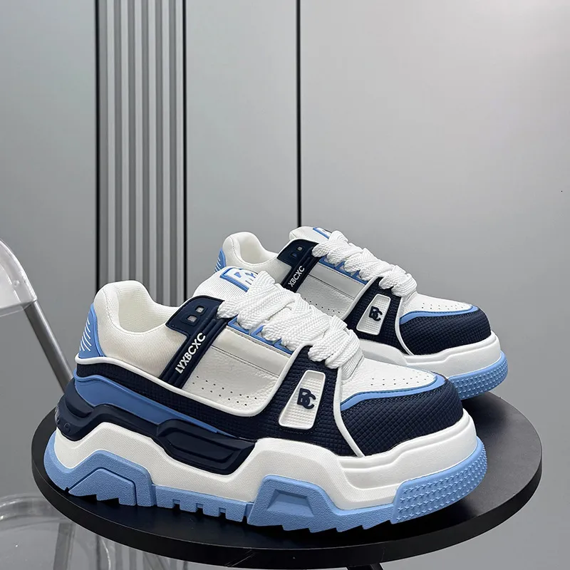 Men Black White Chunky Platform Sneakers Mesh Leather Upper For Street Style Daily Walking_voghion.com