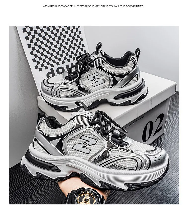 Men's White Grey Chunky Dad Sneakers Breathable Mesh Walking Shoe_voghion.com