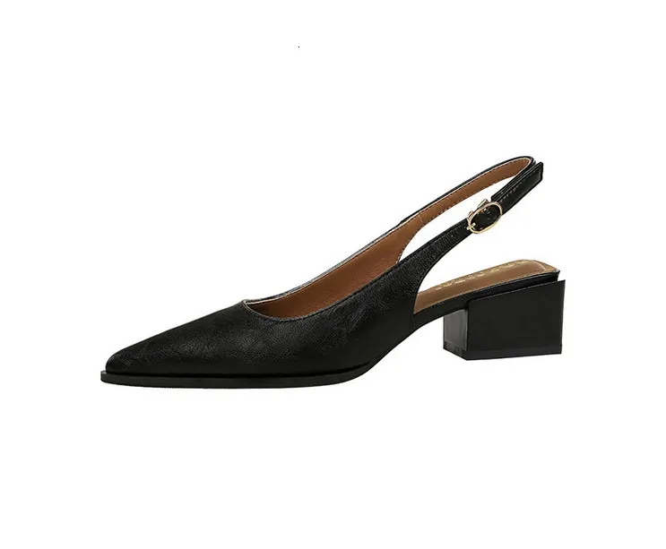 Women’s Black Brown Pointed Toe Slingback Block Heel Court Shoes_voghion.com