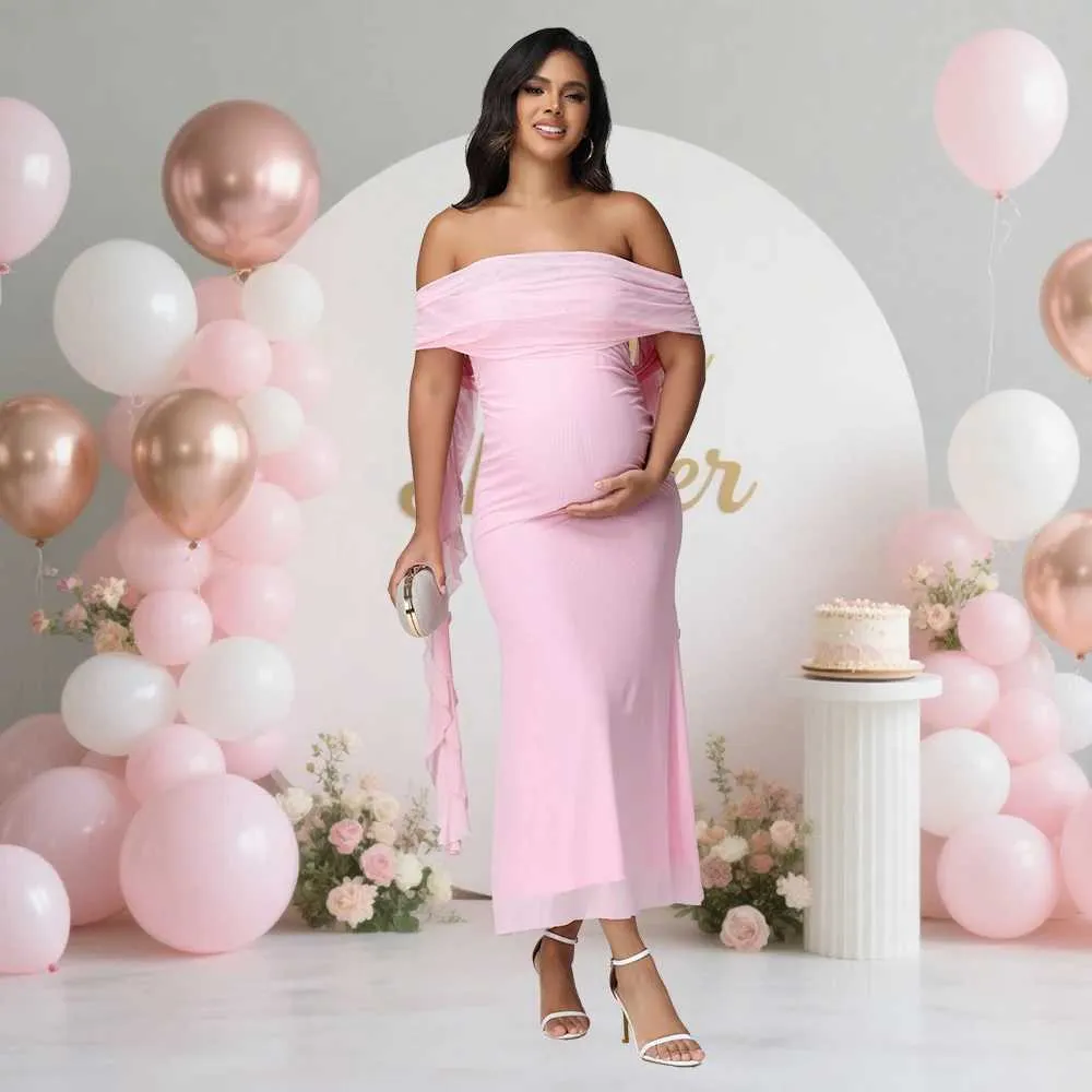 women's light pink off the shoulder dress for pregnant Maternity Dresses Baby Shower, Pregnancy Photoshoot Maxi Gown for Women, Bunmp-Friendly Wedding Guest Outfit, Cocktail at Amazon Clothing store Garment is designed to be worn before PinkBlush Light Pink Solid Off