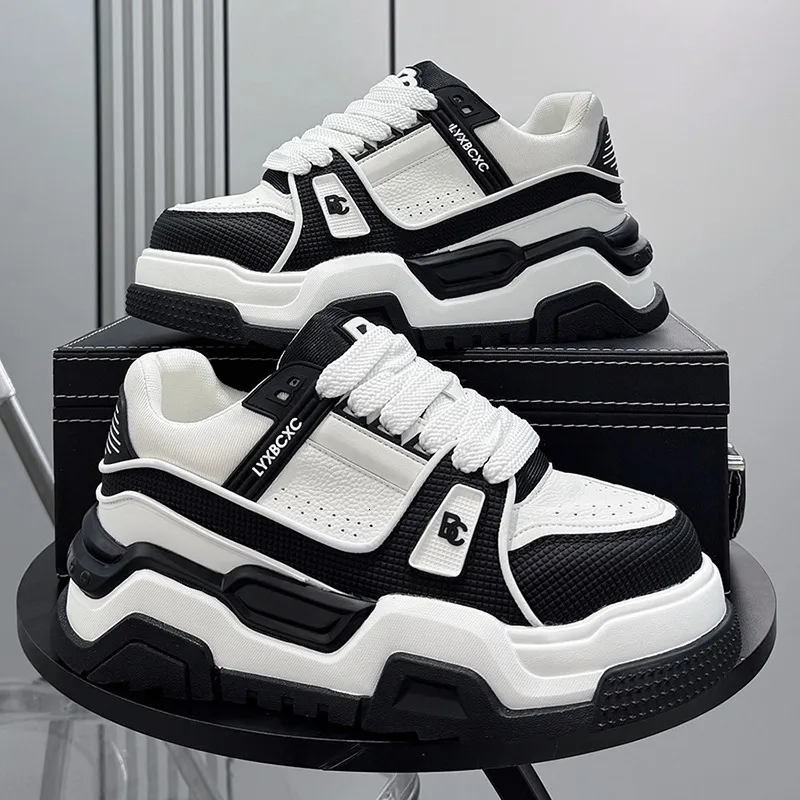 Men Black White Chunky Platform Sneakers Mesh Leather Upper For Street Style Daily Walking_voghion.com