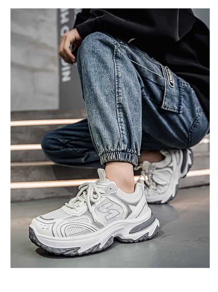 Men's White Grey Chunky Dad Sneakers Breathable Mesh Walking Shoe_voghion.com