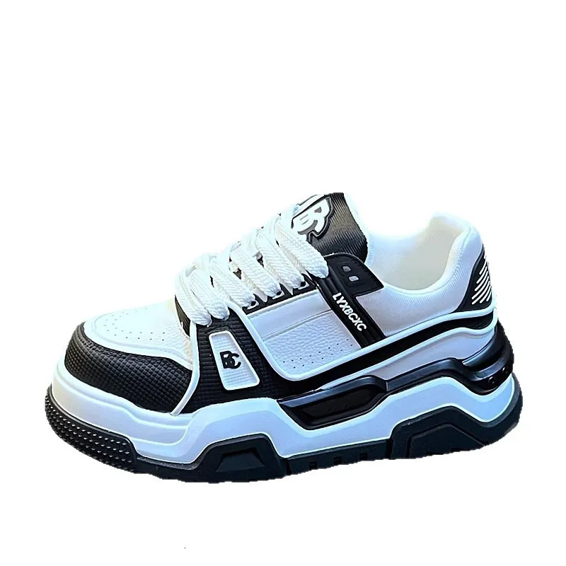 Men Black White Chunky Platform Sneakers Mesh Leather Upper For Street Style Daily Walking_voghion.com