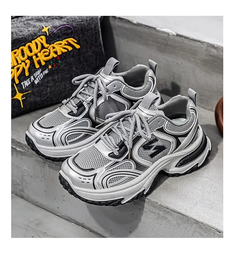 Men's White Grey Chunky Dad Sneakers Breathable Mesh Walking Shoe_voghion.com
