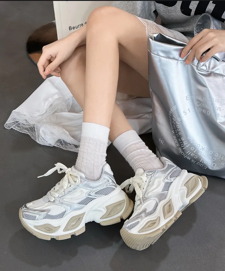 Beige White Chunky Dad Sneakers Breathable Mesh Walking Shoes_voghion.com