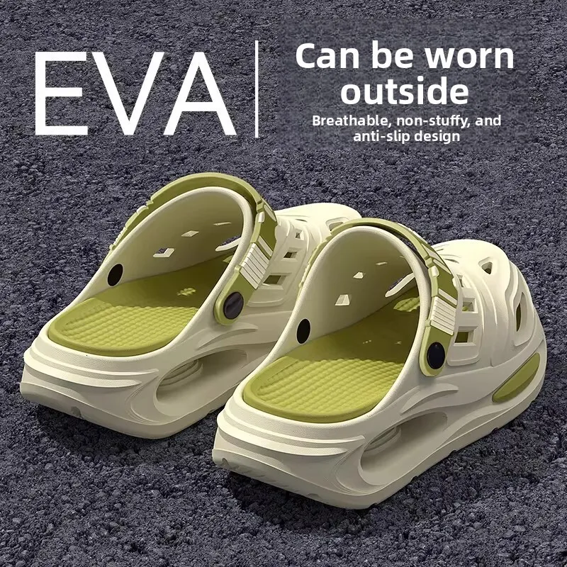 Men Beige Green Chunky Clogs Adjustable Back Strap Non Slip For Beach Garden Wear_voghion.com