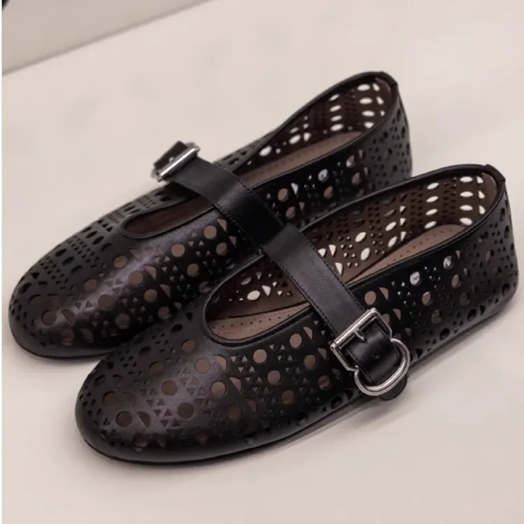 Womens Black White Blue Cut Out Mary Jane Flats Breathable For Summer Casual Daily Wear Daily Outfit_vogvips.com