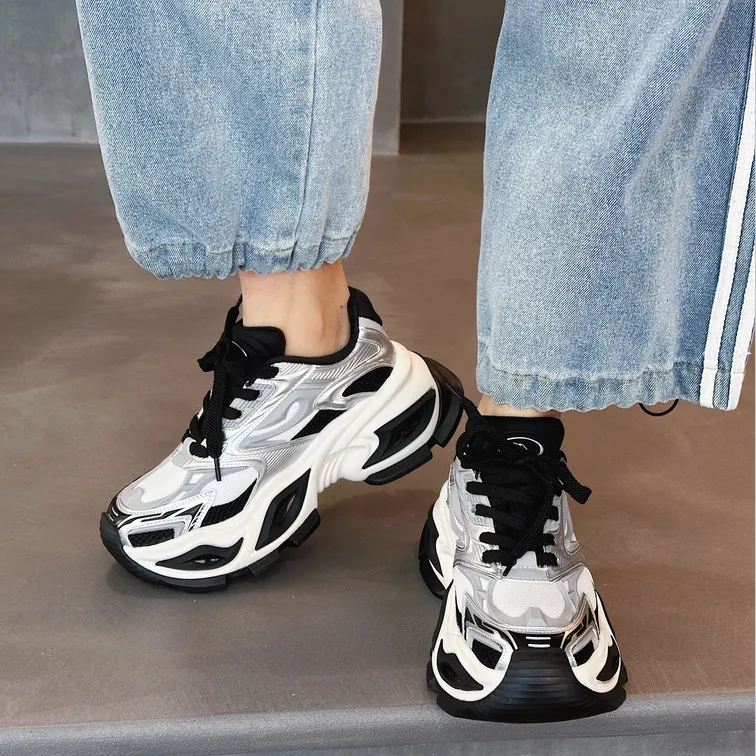 Beige White Chunky Dad Sneakers Breathable Mesh Walking Shoes_voghion.com