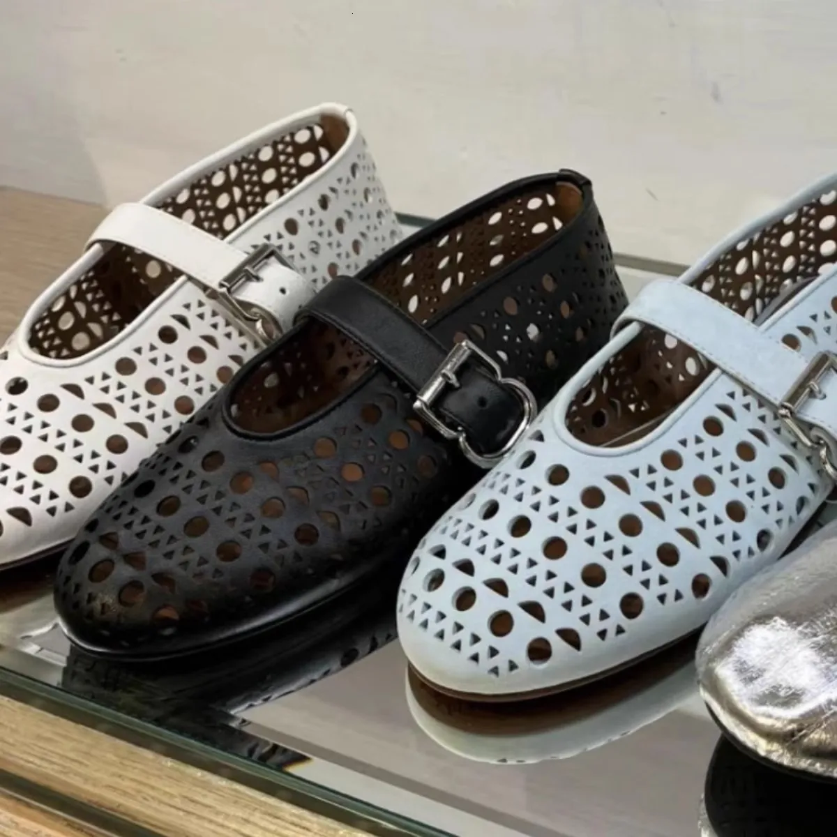 Womens Black White Blue Cut Out Mary Jane Flats Breathable For Summer Casual Daily Wear Daily Outfit_vogvips.com