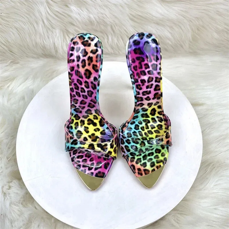 Colour Leopard Print Heeled Slippers For Women With Thin Pointed Exposed Toes High Heels 12cm Sexy Sandals 260528_voghion.com