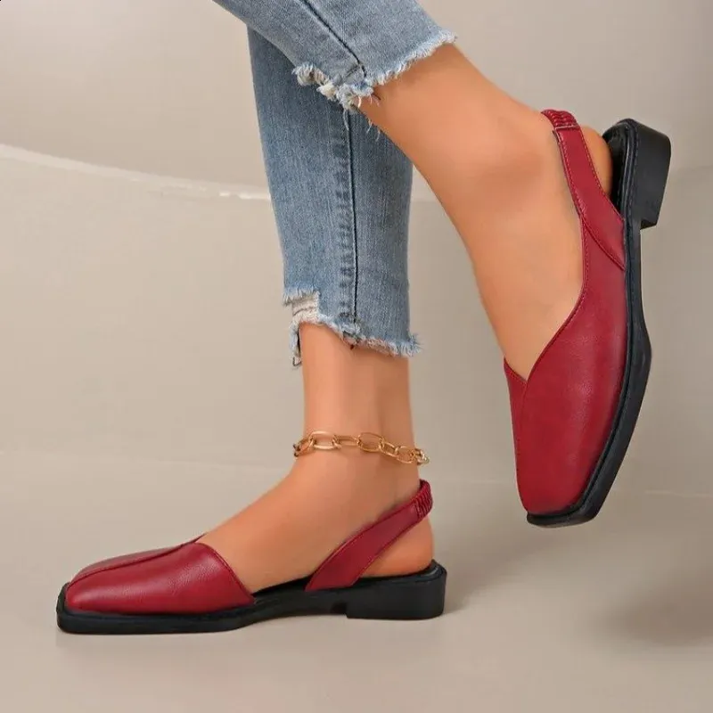 Women Summer Rear Hollow Shallow Square Head Low Heel Shoes Fashionab Comfortable Sandals 260528_voghion.com