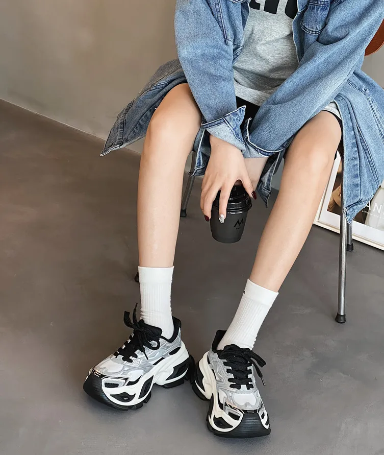 Beige White Chunky Dad Sneakers Breathable Mesh Walking Shoes_voghion.com