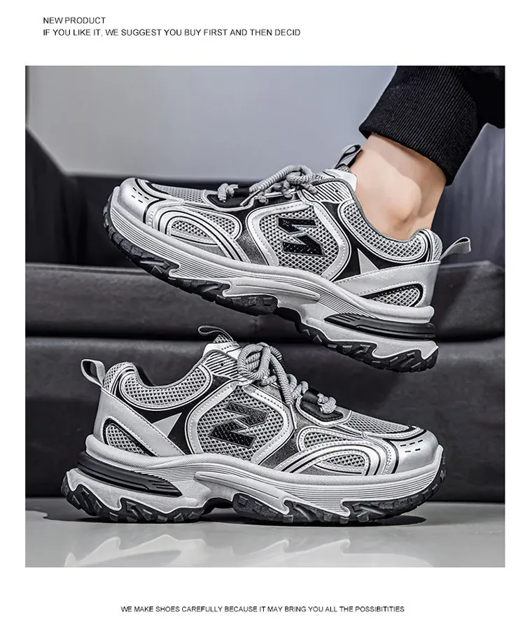 Men's White Grey Chunky Dad Sneakers Breathable Mesh Walking Shoe_voghion.com