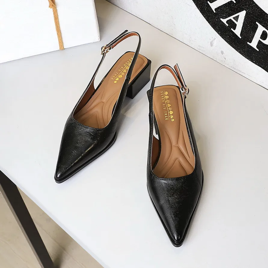 Womens Black Brown Pointed Toe Slingback Block Heel Pumps For Smart Casual Office Wear_voghion.com