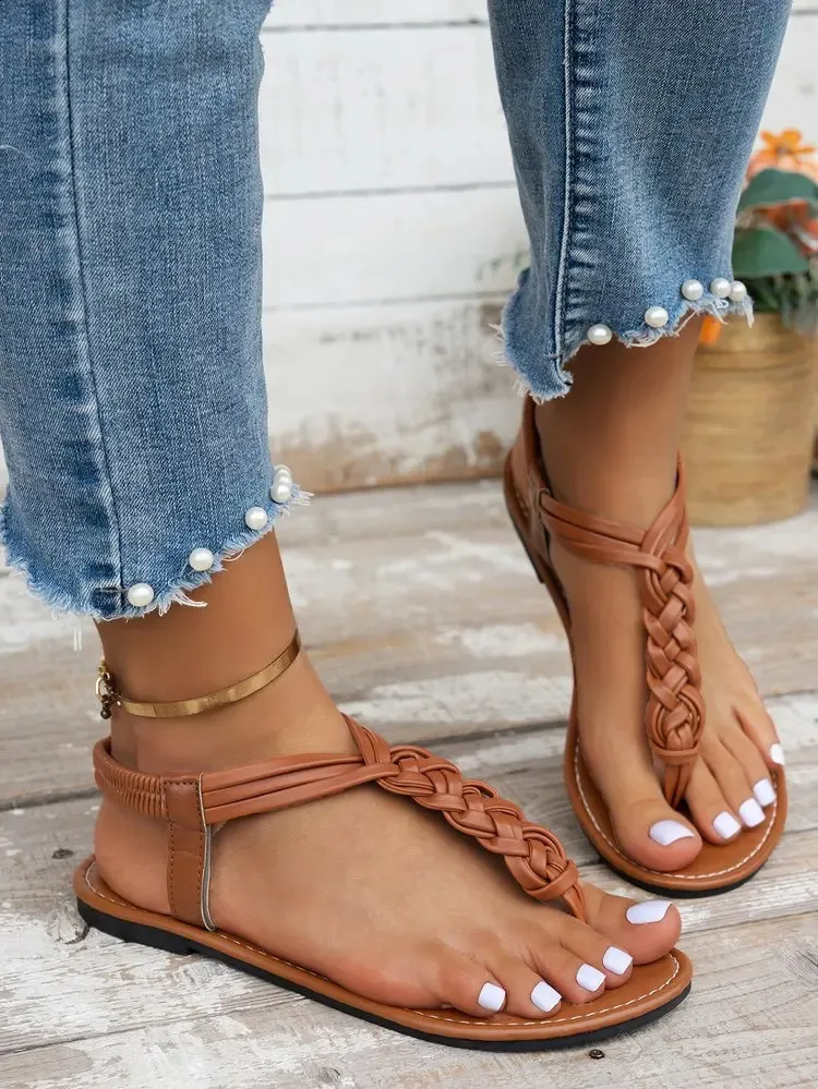 Comfortable Flat Sandals For Women Solid Colour Summer Shoes_voghion.com