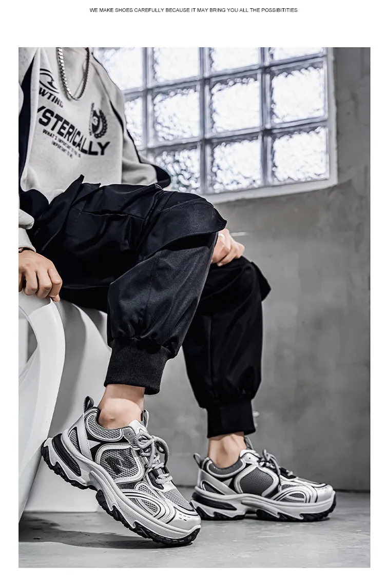 Men's White Grey Chunky Dad Sneakers Breathable Mesh Walking Shoe_voghion.com