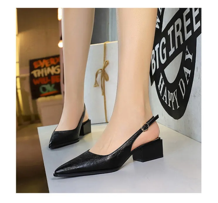 Women’s Black Brown Pointed Toe Slingback Block Heel Court Shoes_voghion.com