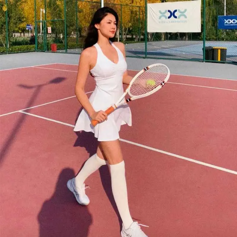 Women Tennis Dress with Short Backless V-neck Badminton Skirts Ladies Sexy Sleeveless Dresses with Chest Pads Suits M260529