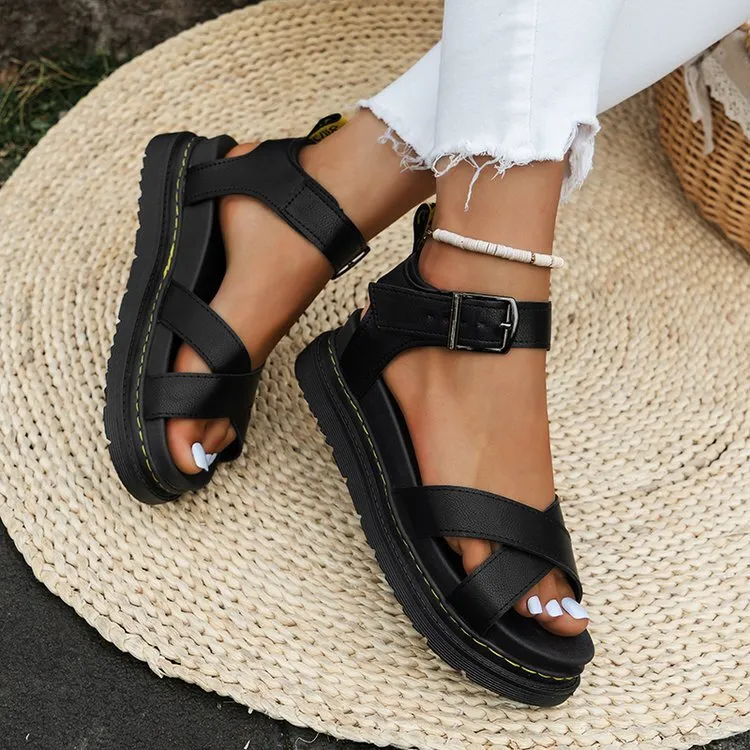 Women’s Thick Soled Flat Sandals Roman Style Beach Buckle Shoes_voghion.com
